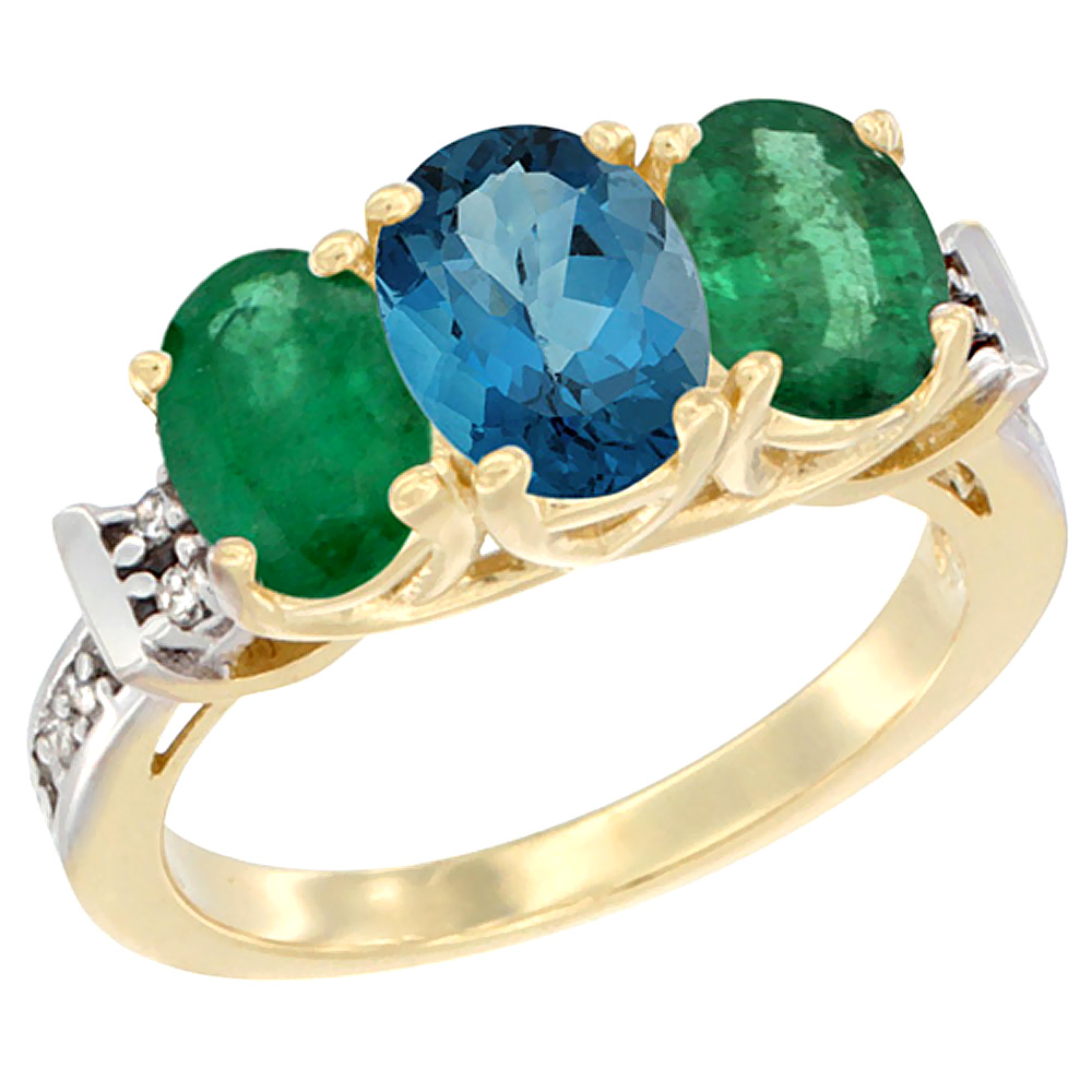 14K Yellow Gold Natural London Blue Topaz & Emerald Sides Ring 3-Stone Oval Diamond Accent, sizes 5 - 10