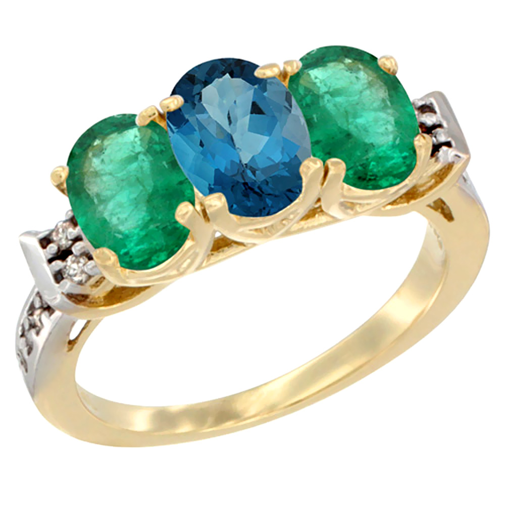 10K Yellow Gold Natural London Blue Topaz & Emerald Sides Ring 3-Stone Oval 7x5 mm Diamond Accent, sizes 5 - 10