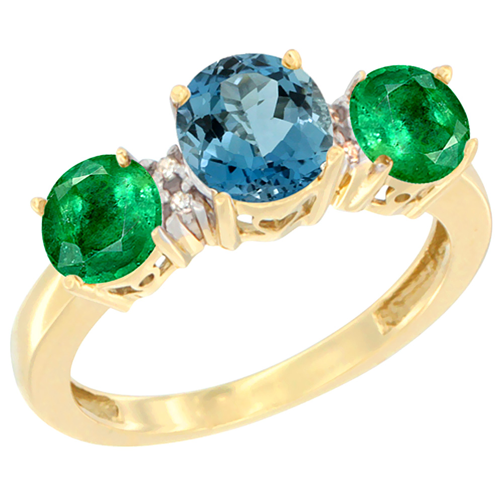 10K Yellow Gold Round 3-Stone Natural London Blue Topaz Ring &amp; Emerald Sides Diamond Accent, sizes 5 - 10