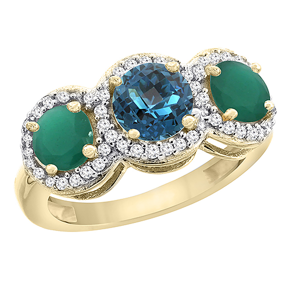 14K Yellow Gold Natural London Blue Topaz &amp; Emerald Sides Round 3-stone Ring Diamond Accents, sizes 5 - 10