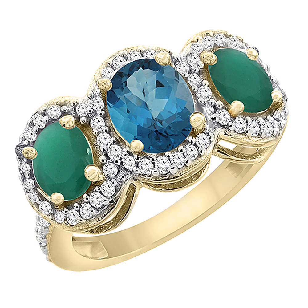14K Yellow Gold Natural London Blue Topaz &amp; Emerald 3-Stone Ring Oval Diamond Accent, sizes 5 - 10
