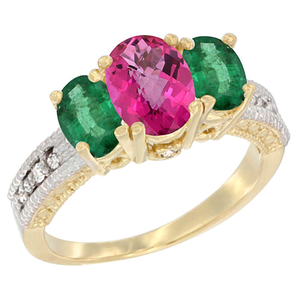10K Yellow Gold Diamond Natural Pink Topaz Ring Oval 3-stone with Emerald, sizes 5 - 10