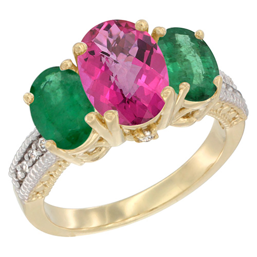 14K Yellow Gold Diamond Natural Pink Topaz Ring 3-Stone Oval 8x6mm with Emerald, sizes5-10