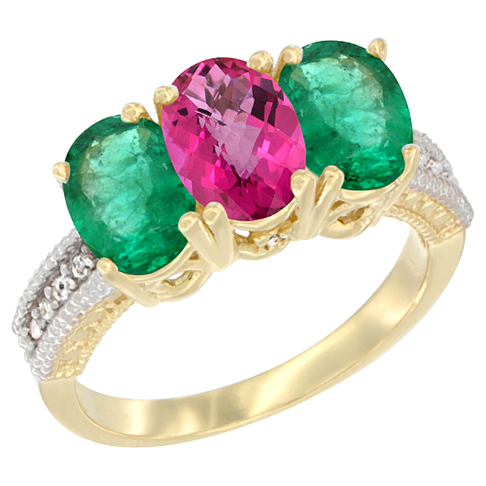 14K Yellow Gold Natural Pink Topaz & Emerald Sides Ring 3-Stone 7x5 mm Oval Diamond Accent, sizes 5 - 10