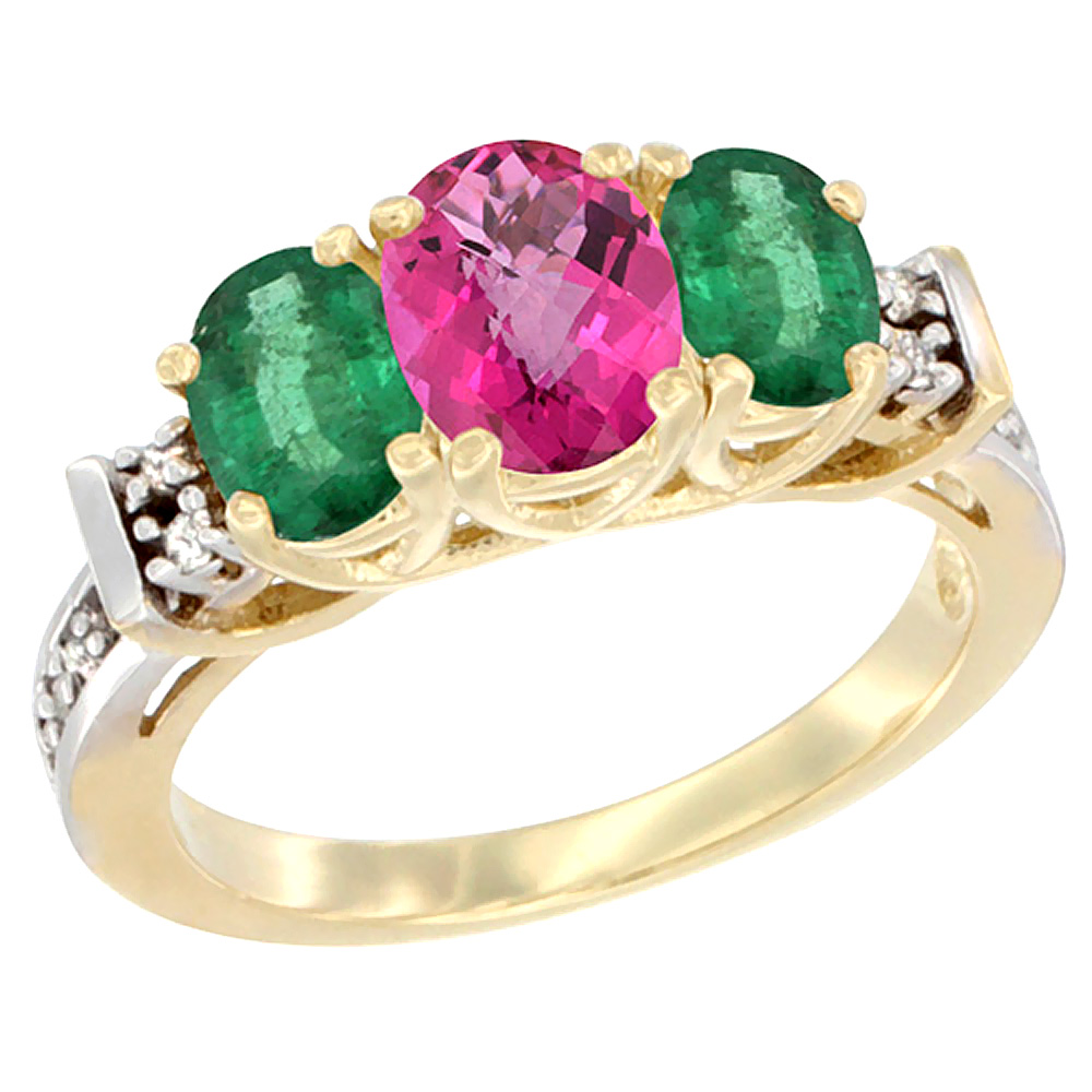 14K Yellow Gold Natural Pink Topaz & Emerald Ring 3-Stone Oval Diamond Accent