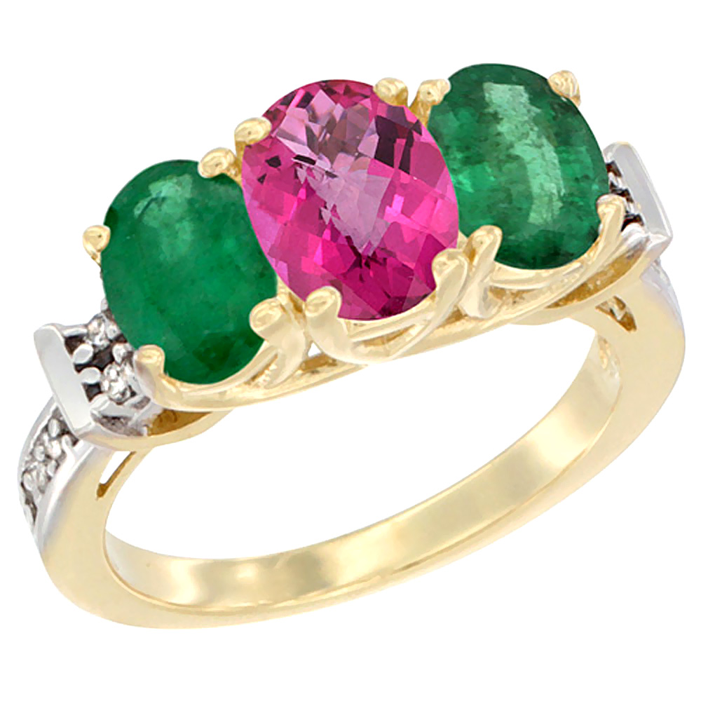 10K Yellow Gold Natural Pink Topaz & Emerald Sides Ring 3-Stone Oval Diamond Accent, sizes 5 - 10