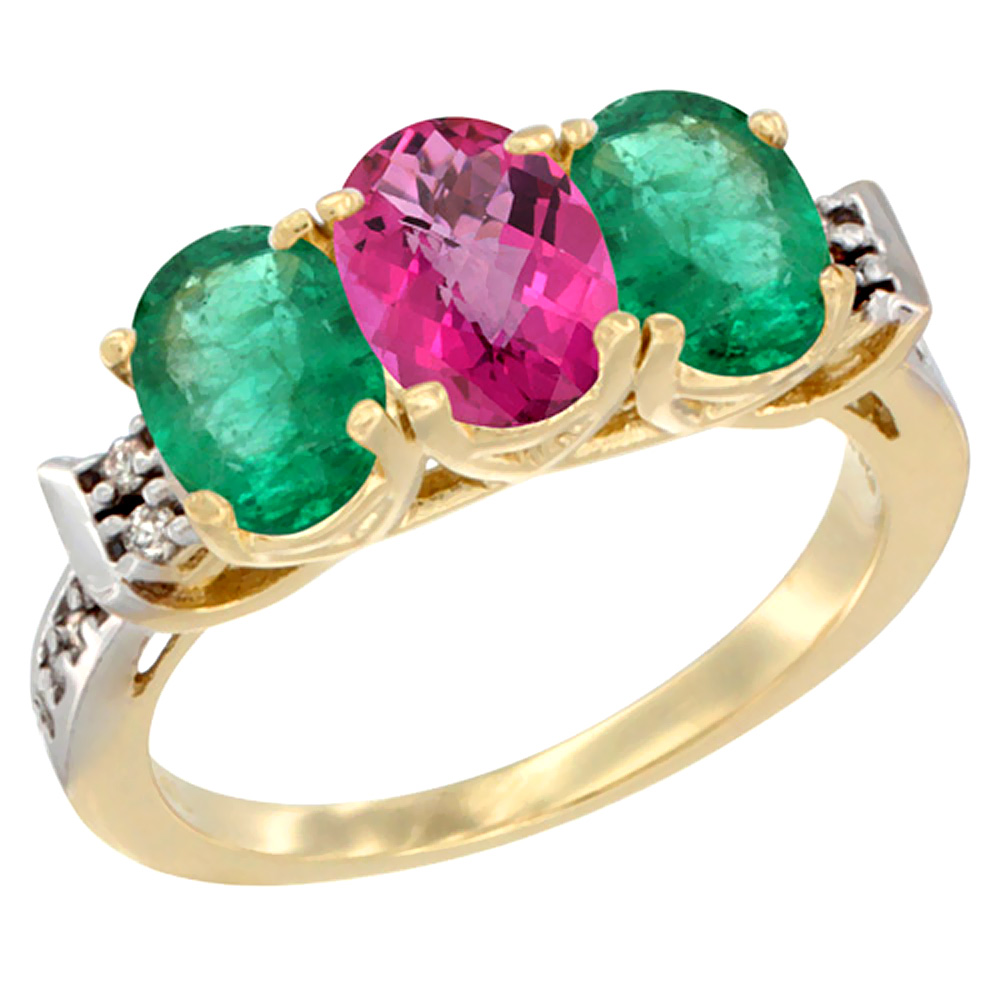10K Yellow Gold Natural Pink Topaz & Emerald Sides Ring 3-Stone Oval 7x5 mm Diamond Accent, sizes 5 - 10