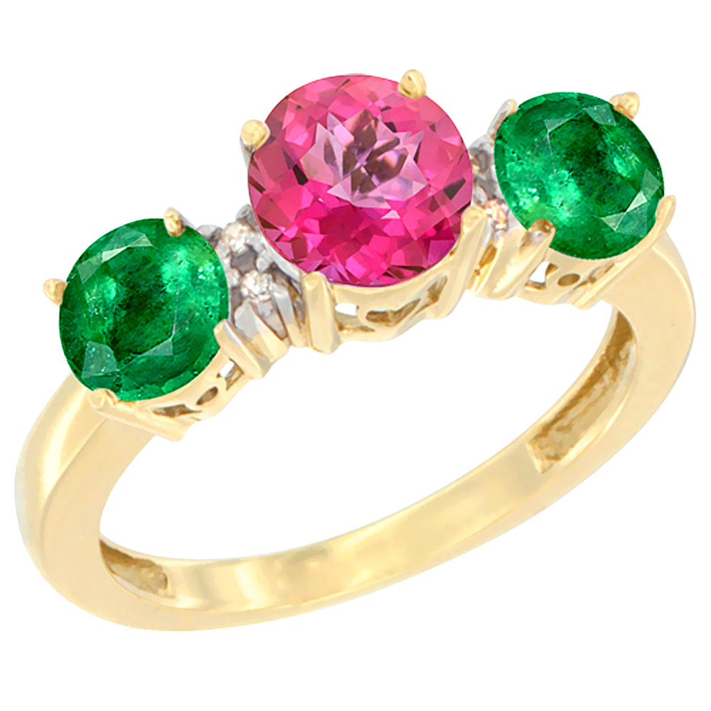14K Yellow Gold Round 3-Stone Natural Pink Topaz Ring & Emerald Sides Diamond Accent, sizes 5 - 10