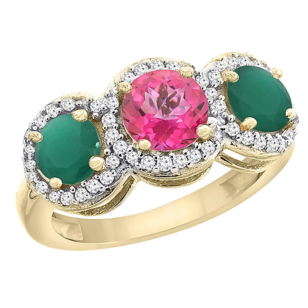10K Yellow Gold Natural Pink Topaz & Emerald Sides Round 3-stone Ring Diamond Accents, sizes 5 - 10