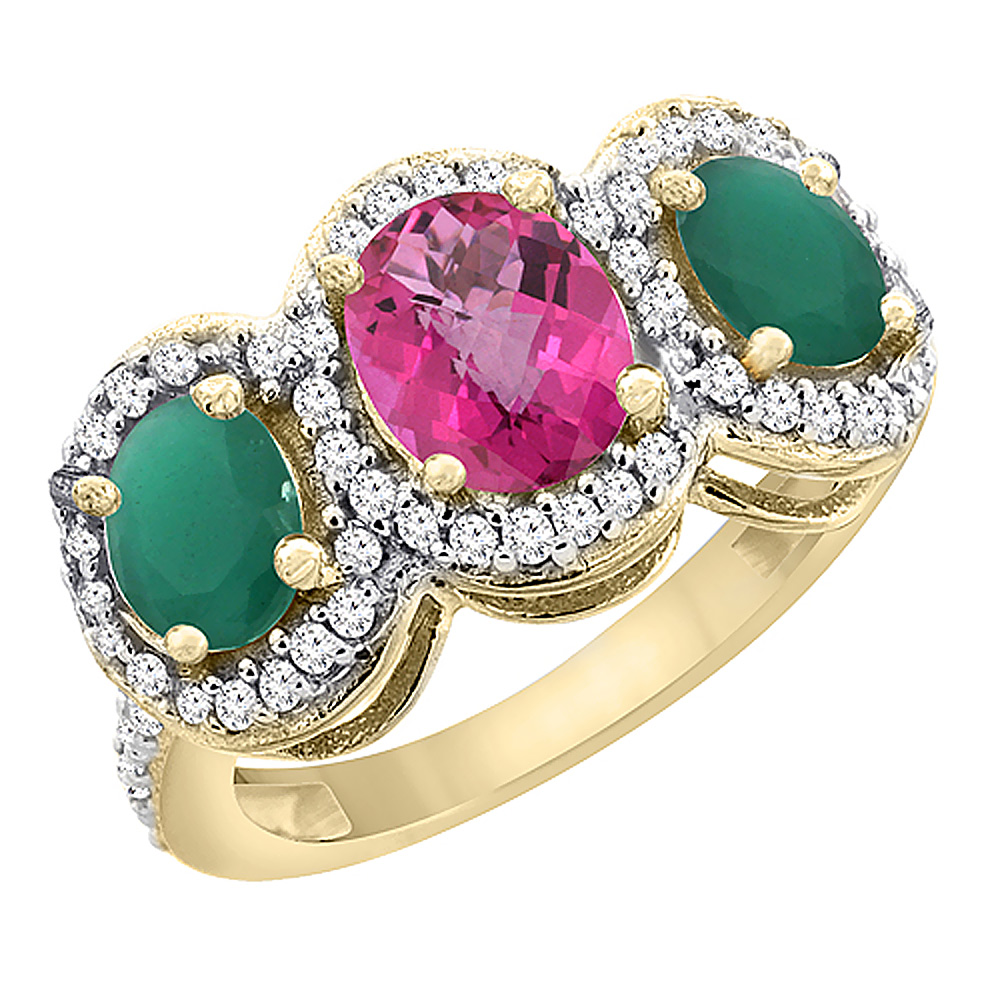 10K Yellow Gold Natural Pink Sapphire &amp; Emerald 3-Stone Ring Oval Diamond Accent, sizes 5 - 10