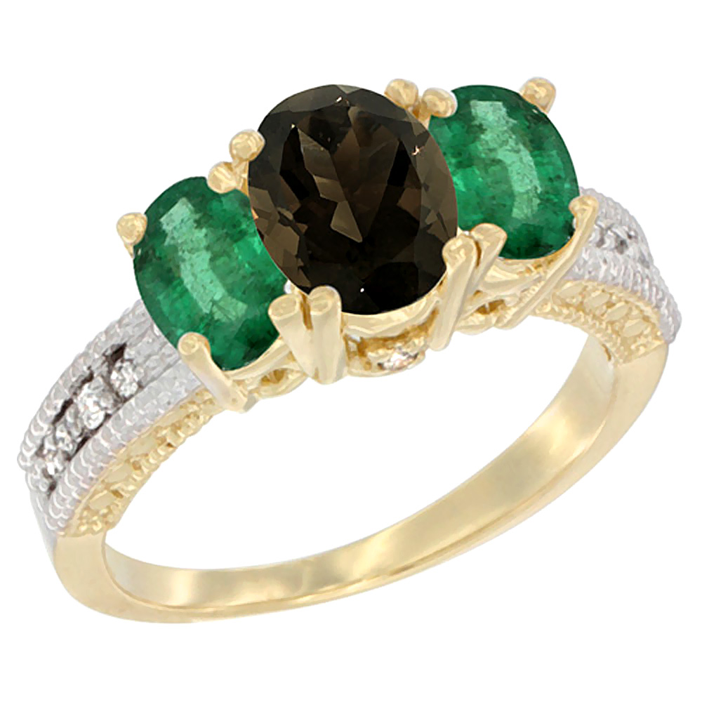 10K Yellow Gold Diamond Natural Smoky Topaz Ring Oval 3-stone with Emerald, sizes 5 - 10