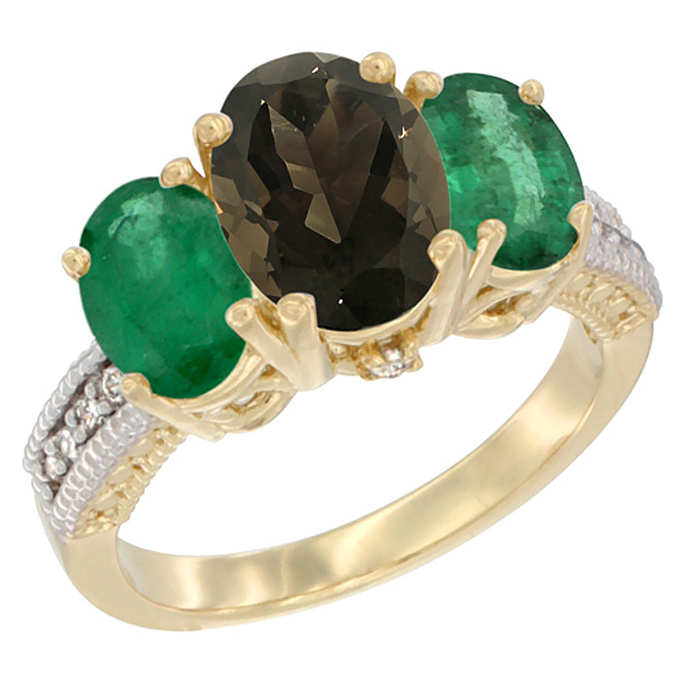10K Yellow Gold Diamond Natural Smoky Topaz Ring 3-Stone Oval 8x6mm with Emerald, sizes5-10