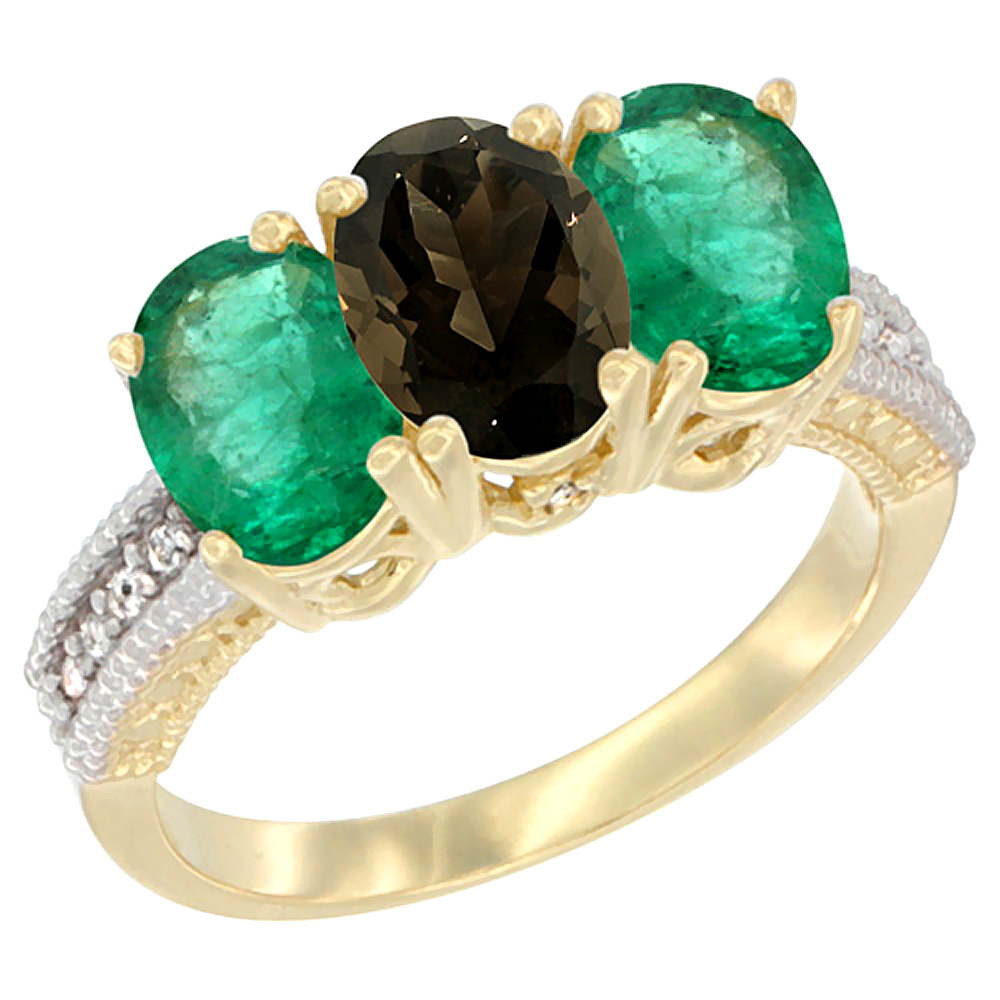 14K Yellow Gold Natural Smoky Topaz &amp; Emerald Sides Ring 3-Stone 7x5 mm Oval Diamond Accent, sizes 5 - 10