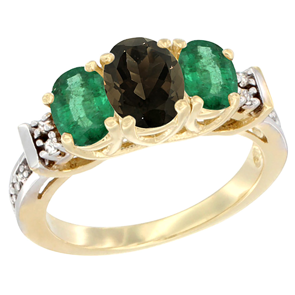 10K Yellow Gold Natural Smoky Topaz & Emerald Ring 3-Stone Oval Diamond Accent