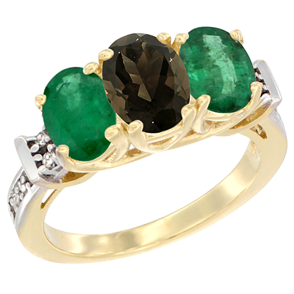 10K Yellow Gold Natural Smoky Topaz & Emerald Sides Ring 3-Stone Oval Diamond Accent, sizes 5 - 10