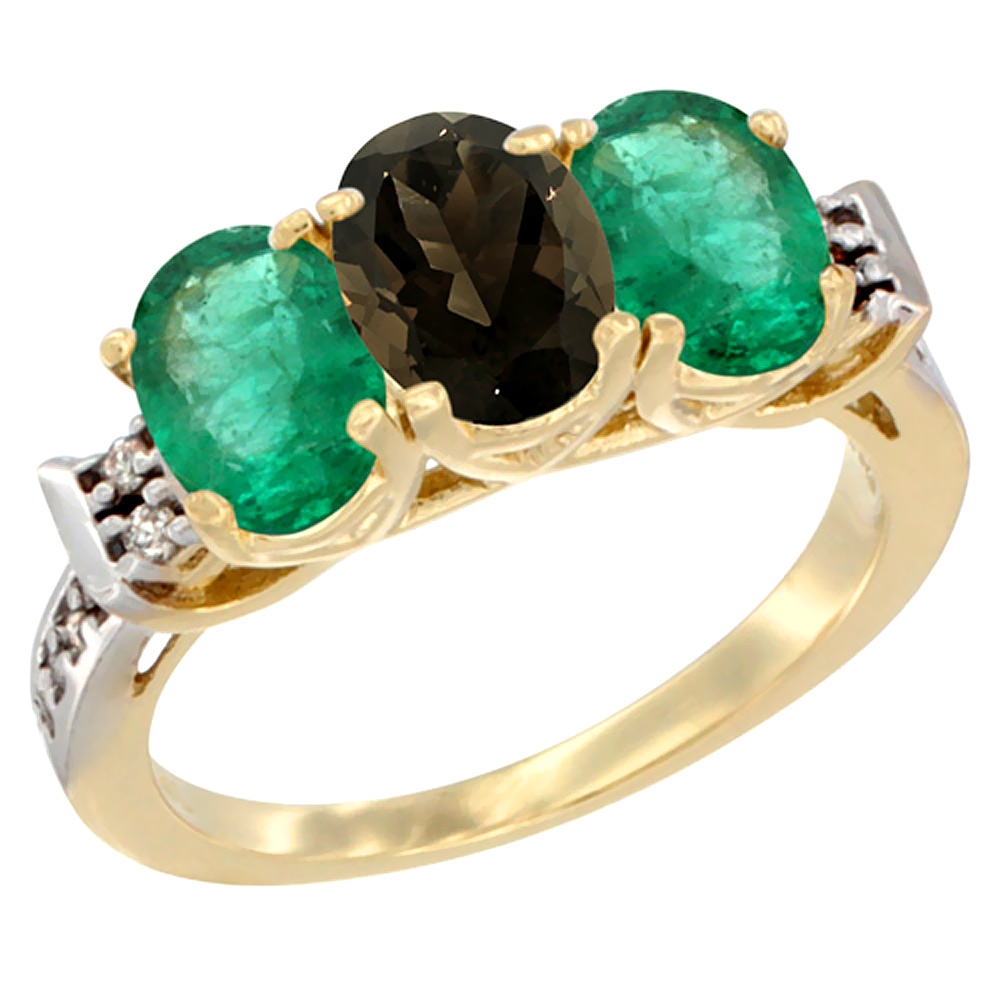 10K Yellow Gold Natural Smoky Topaz & Emerald Sides Ring 3-Stone Oval 7x5 mm Diamond Accent, sizes 5 - 10