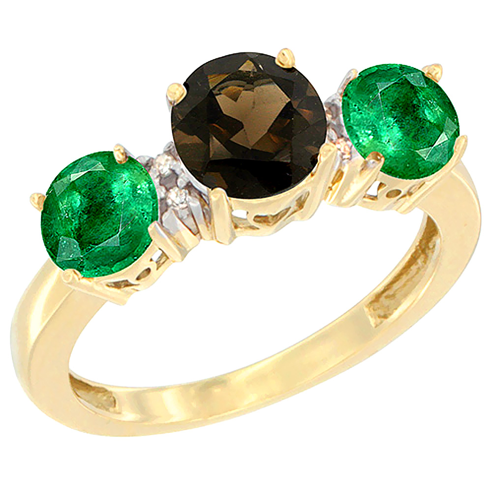 14K Yellow Gold Round 3-Stone Natural Smoky Topaz Ring &amp; Emerald Sides Diamond Accent, sizes 5 - 10