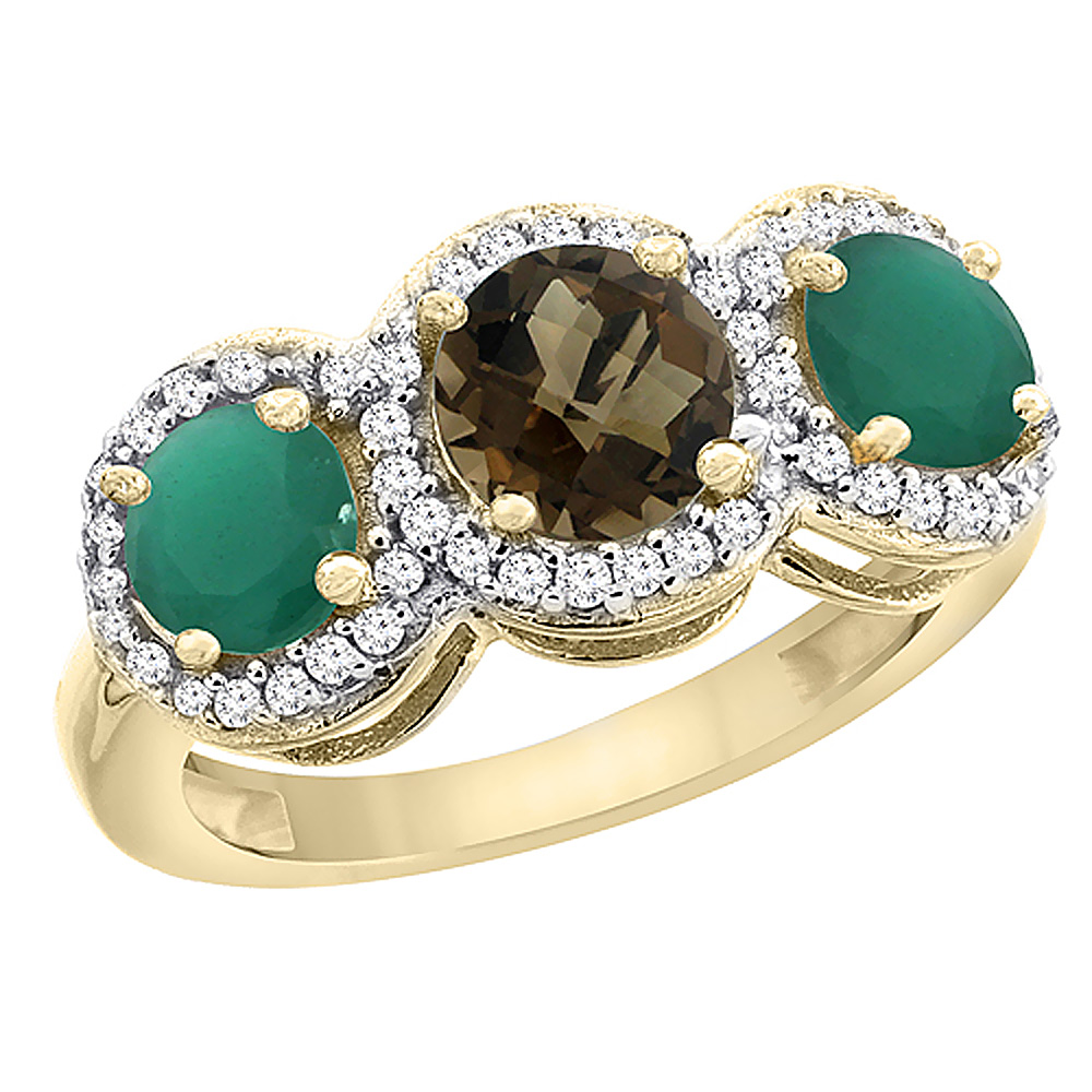 10K Yellow Gold Natural Smoky Topaz & Emerald Sides Round 3-stone Ring Diamond Accents, sizes 5 - 10