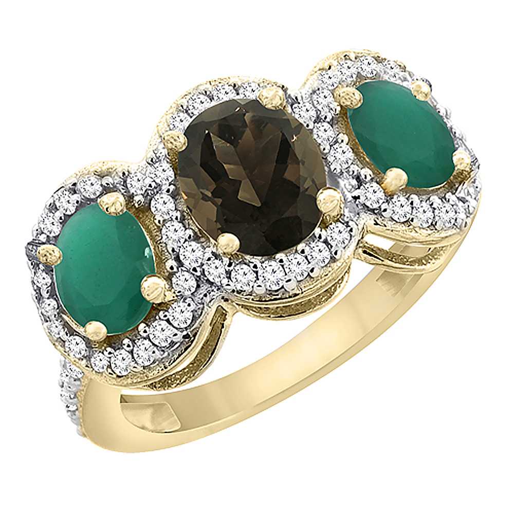 10K Yellow Gold Natural Smoky Topaz &amp; Emerald 3-Stone Ring Oval Diamond Accent, sizes 5 - 10