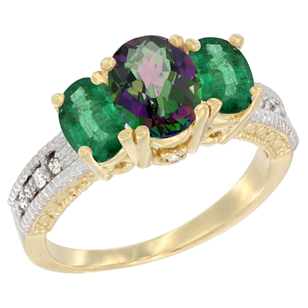 14K Yellow Gold Diamond Natural Mystic Topaz Ring Oval 3-stone with Emerald, sizes 5 - 10