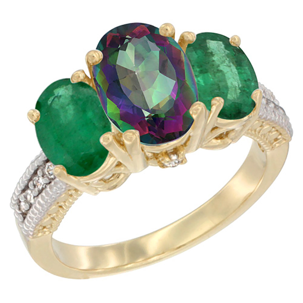 14K Yellow Gold Diamond Natural Mystic Topaz Ring 3-Stone Oval 8x6mm with Emerald, sizes5-10
