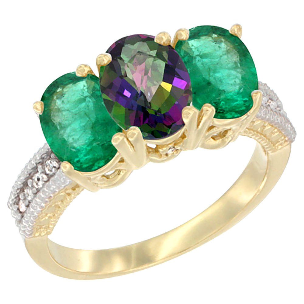 14K Yellow Gold Natural Mystic Topaz &amp; Emerald Sides Ring 3-Stone 7x5 mm Oval Diamond Accent, sizes 5 - 10