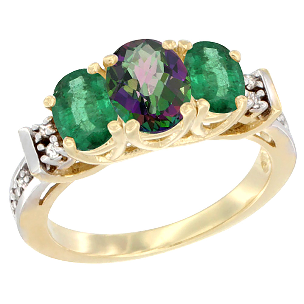 14K Yellow Gold Natural Mystic Topaz &amp; Emerald Ring 3-Stone Oval Diamond Accent