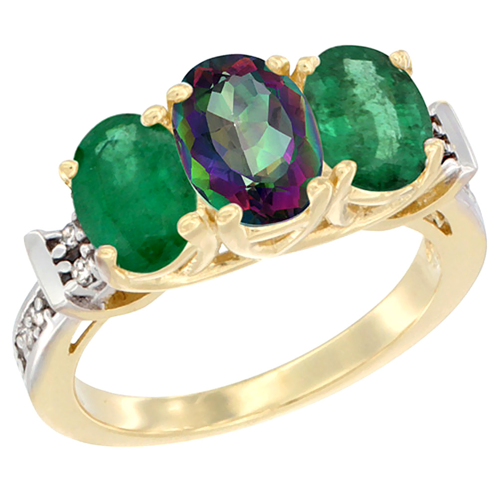 10K Yellow Gold Natural Mystic Topaz & Emerald Sides Ring 3-Stone Oval Diamond Accent, sizes 5 - 10