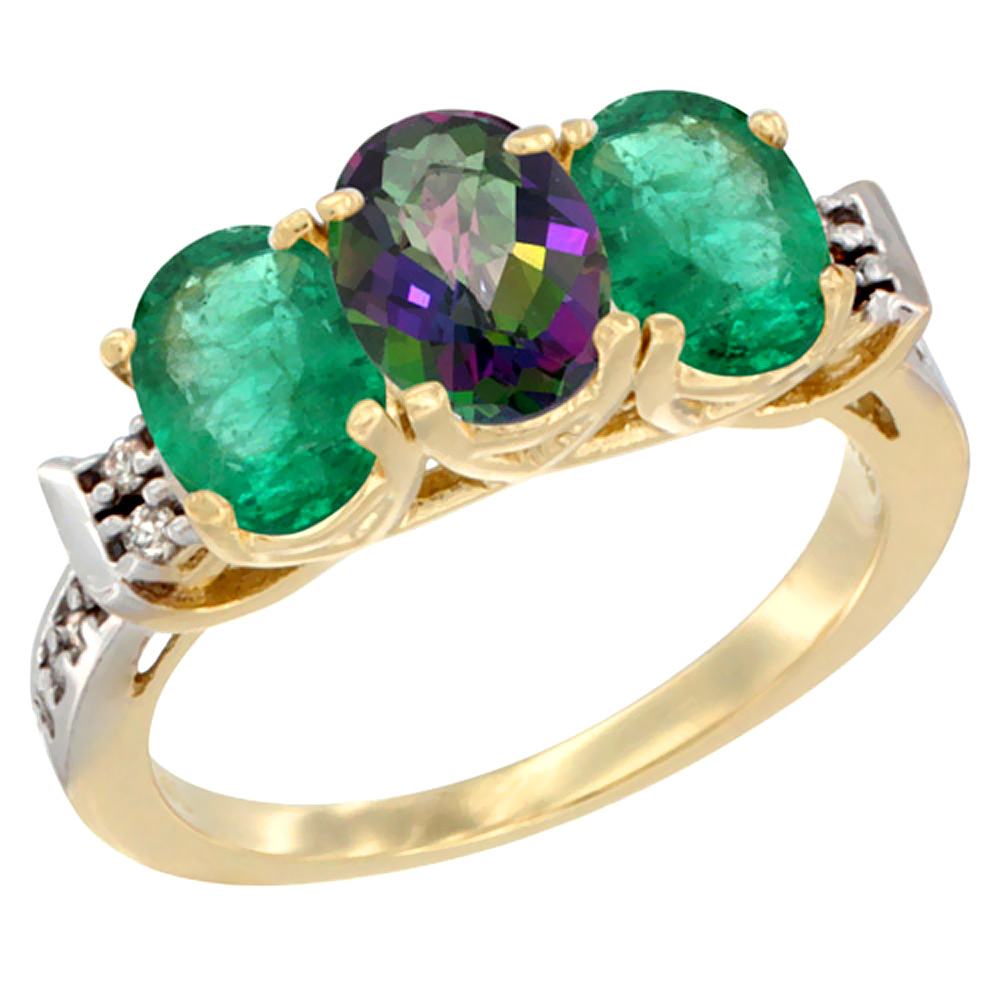 10K Yellow Gold Natural Mystic Topaz &amp; Emerald Sides Ring 3-Stone Oval 7x5 mm Diamond Accent, sizes 5 - 10