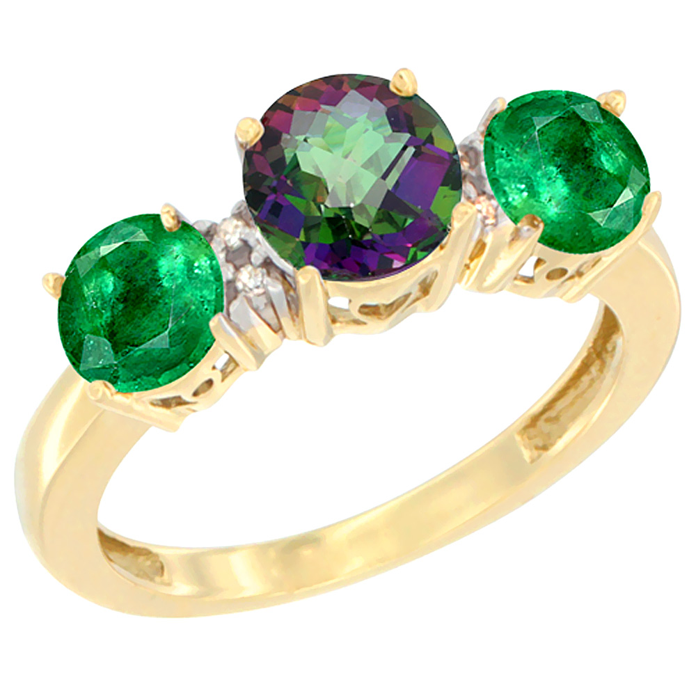 10K Yellow Gold Round 3-Stone Natural Mystic Topaz Ring &amp; Emerald Sides Diamond Accent, sizes 5 - 10