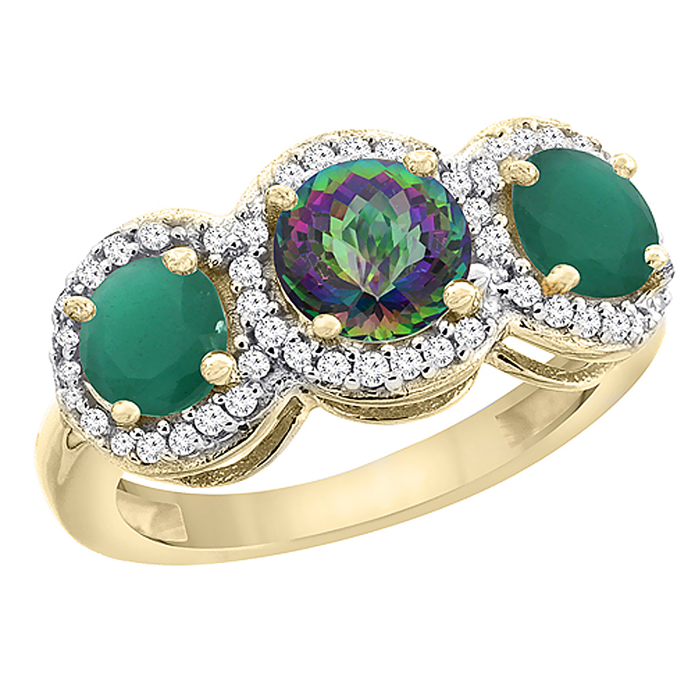 14K Yellow Gold Natural Mystic Topaz &amp; Emerald Sides Round 3-stone Ring Diamond Accents, sizes 5 - 10