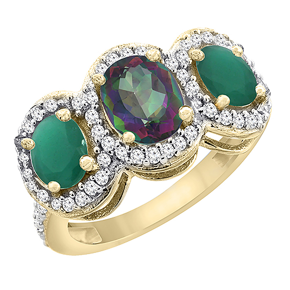 14K Yellow Gold Natural Mystic Topaz &amp; Cabochon Emerald 3-Stone Ring Oval Diamond Accent, sizes 5 - 10