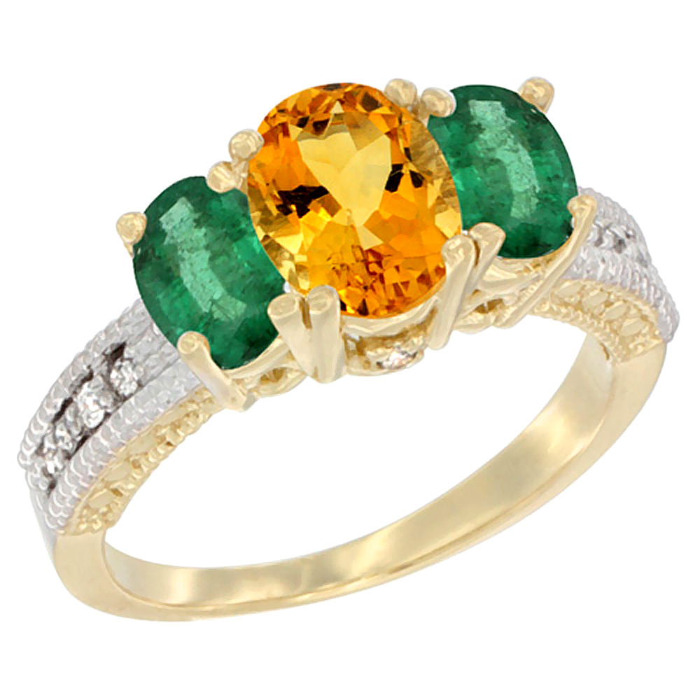 14K Yellow Gold Diamond Natural Citrine Ring Oval 3-stone with Emerald, sizes 5 - 10