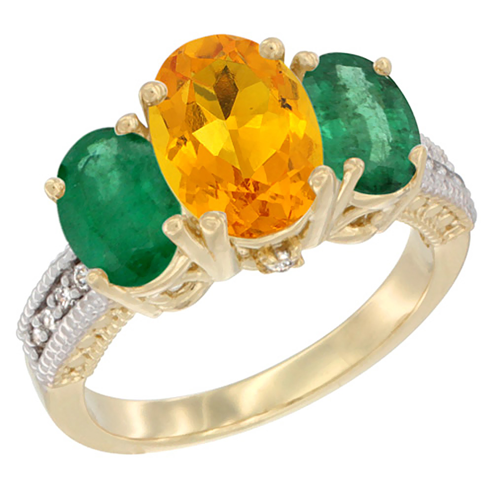 10K Yellow Gold Diamond Natural Citrine Ring 3-Stone Oval 8x6mm with Emerald, sizes5-10
