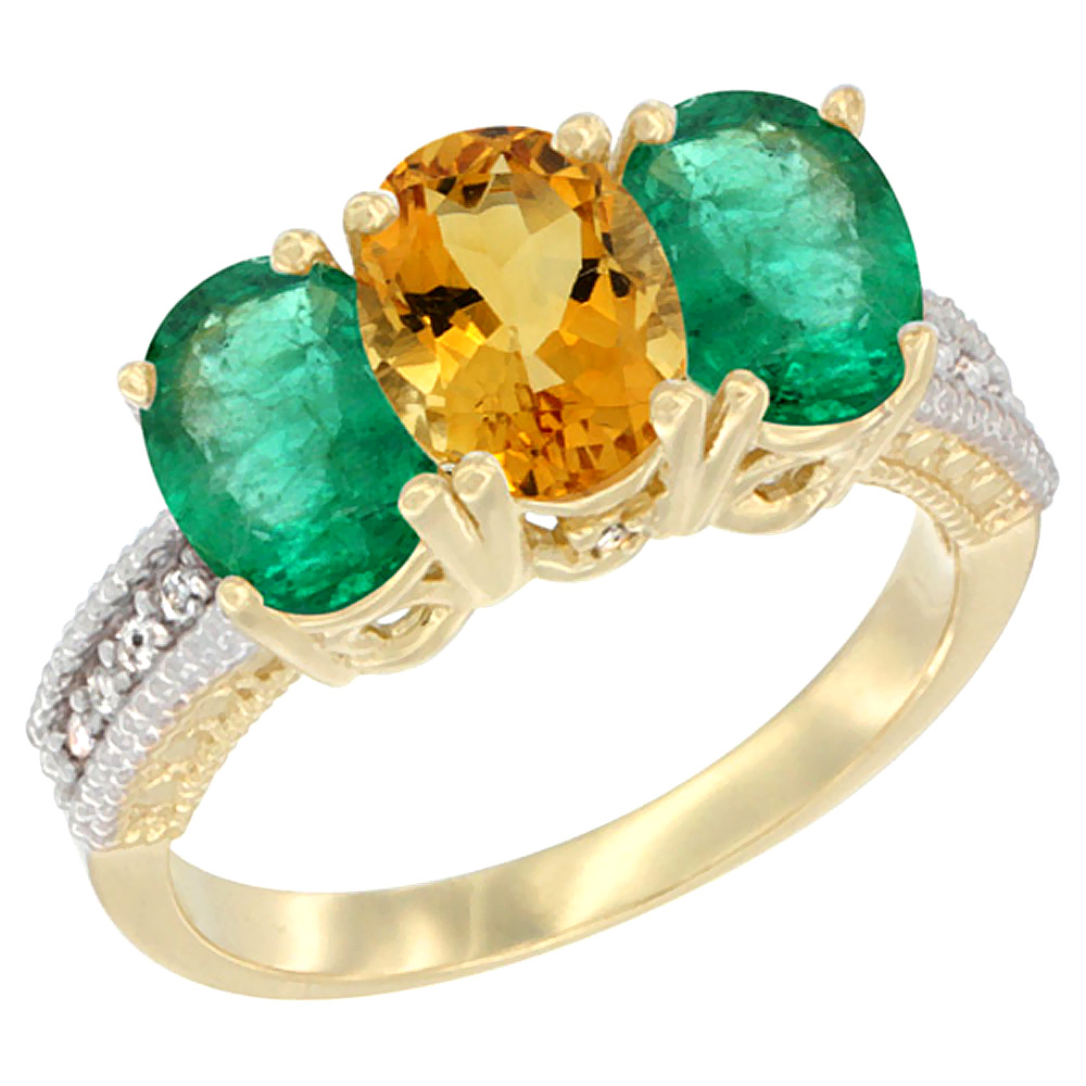 14K Yellow Gold Natural Citrine &amp; Emerald Sides Ring 3-Stone 7x5 mm Oval Diamond Accent, sizes 5 - 10
