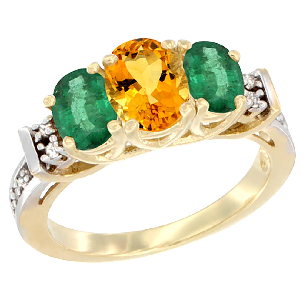 14K Yellow Gold Natural Citrine &amp; Emerald Ring 3-Stone Oval Diamond Accent