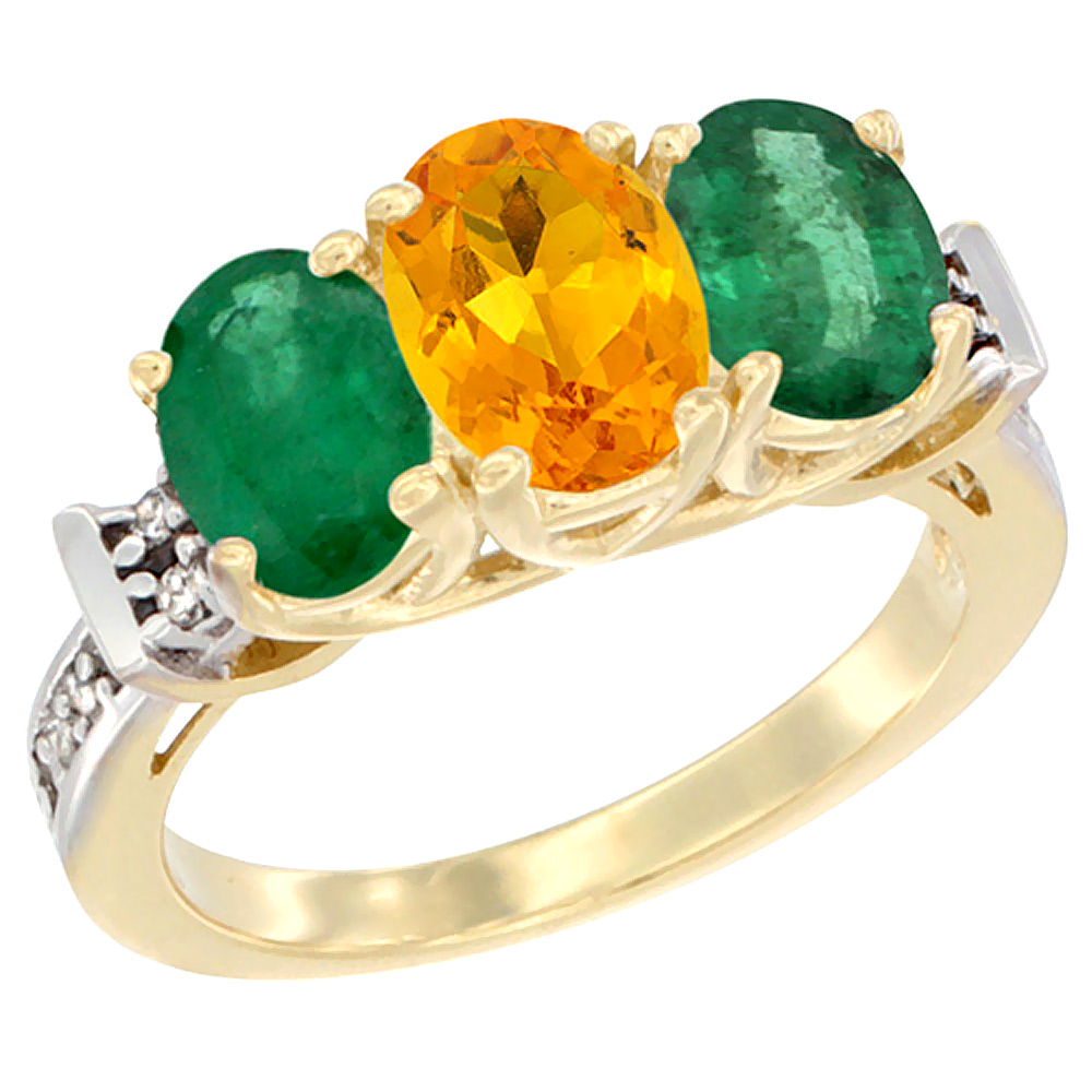 10K Yellow Gold Natural Citrine & Emerald Sides Ring 3-Stone Oval Diamond Accent, sizes 5 - 10