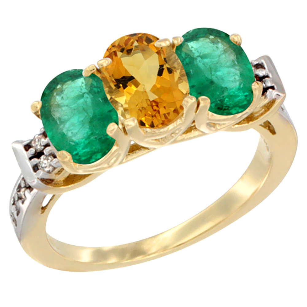 10K Yellow Gold Natural Citrine &amp; Emerald Sides Ring 3-Stone Oval 7x5 mm Diamond Accent, sizes 5 - 10