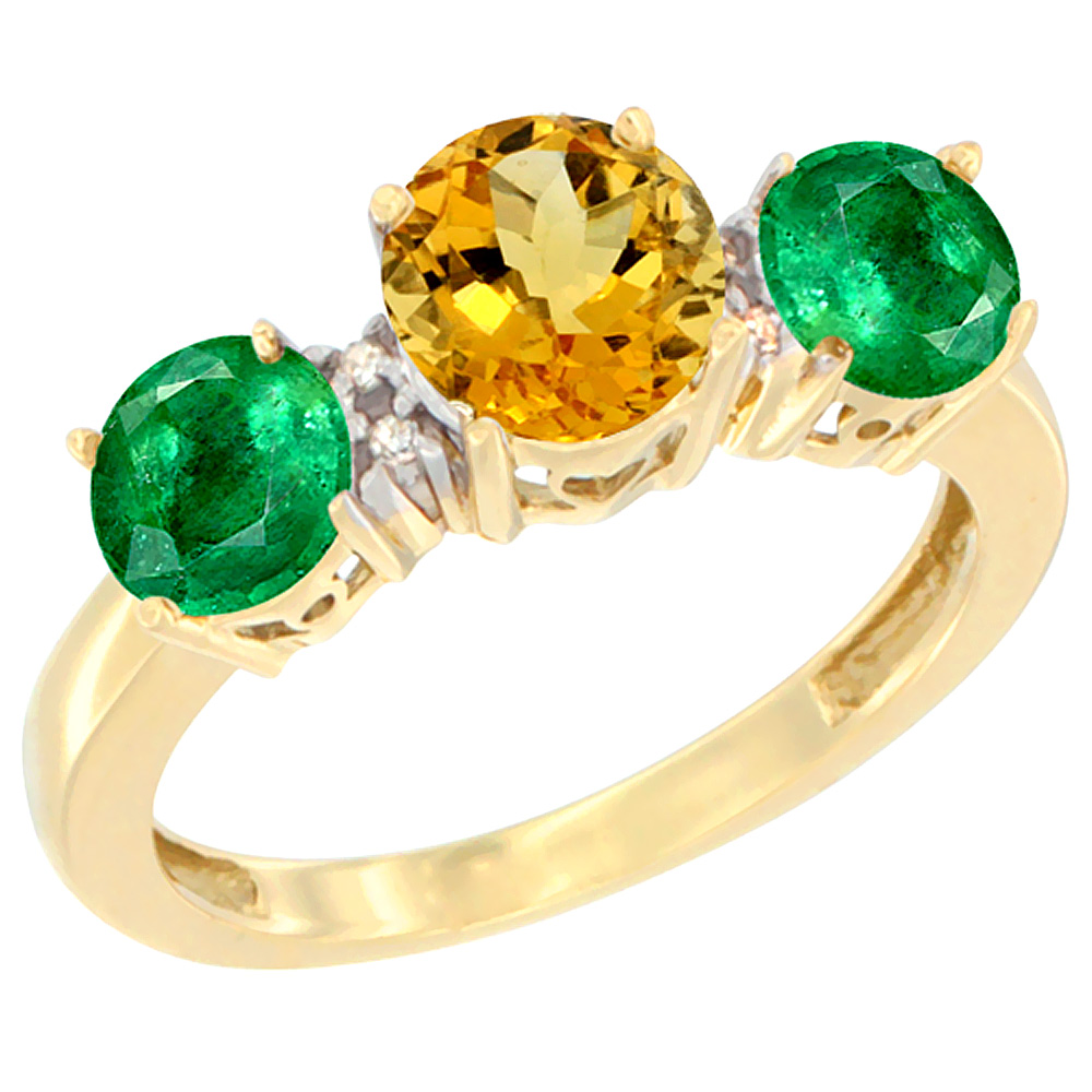 14K Yellow Gold Round 3-Stone Natural Citrine Ring &amp; Emerald Sides Diamond Accent, sizes 5 - 10