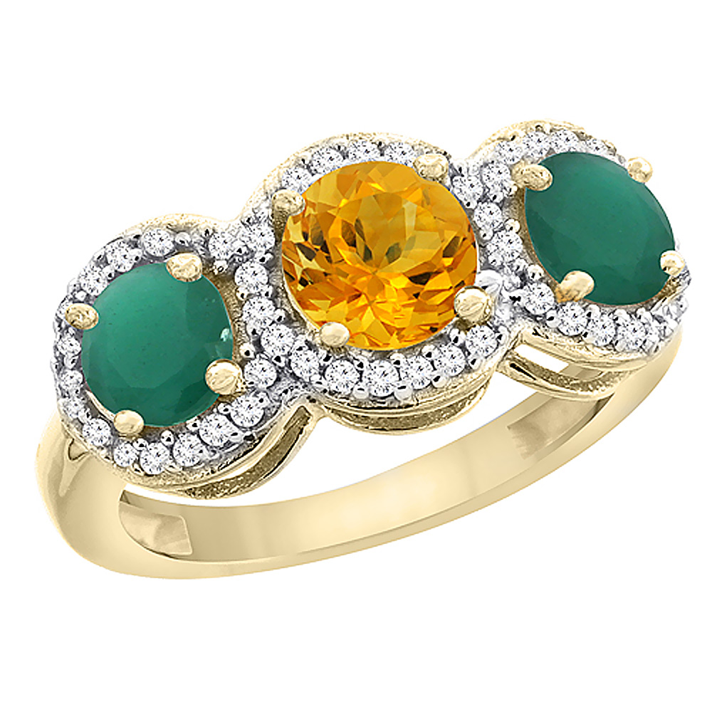 10K Yellow Gold Natural Citrine & Emerald Sides Round 3-stone Ring Diamond Accents, sizes 5 - 10