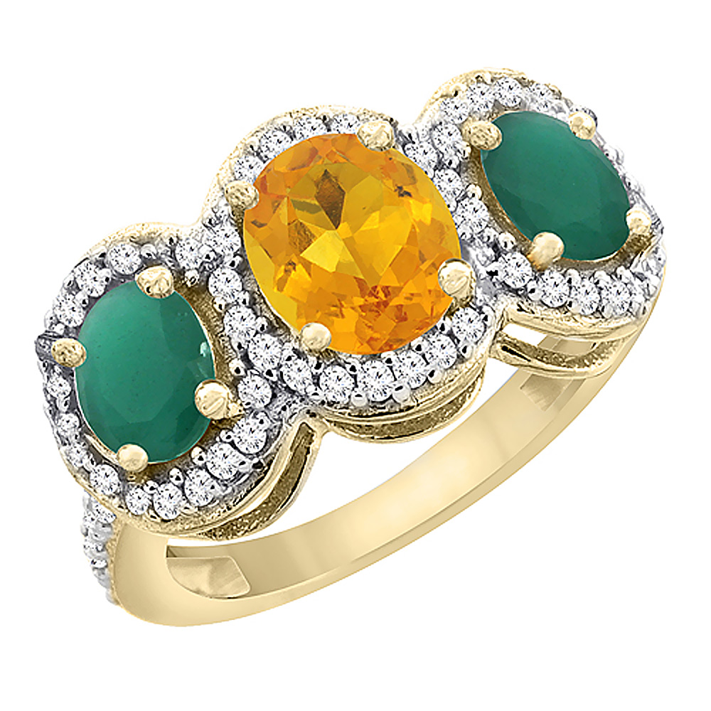10K Yellow Gold Natural Citrine & Emerald 3-Stone Ring Oval Diamond Accent, sizes 5 - 10