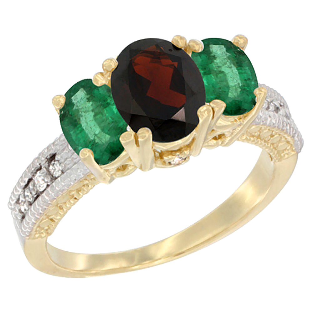 14K Yellow Gold Diamond Natural Garnet 7x5mm & 6x4mm Quality Emerald Oval 3-stone Mothers Ring,size 5-10