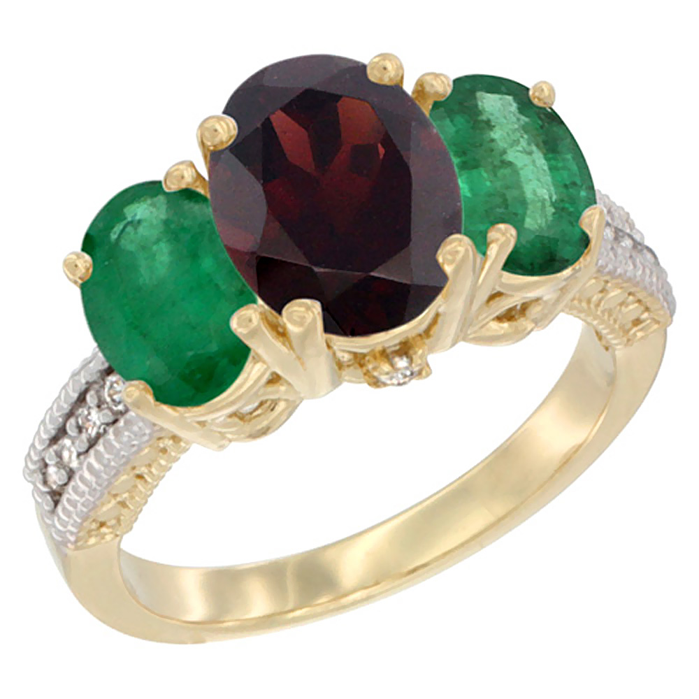 14K Yellow Gold Diamond Natural Garnet Ring 3-Stone Oval 8x6mm with Emerald, sizes5-10