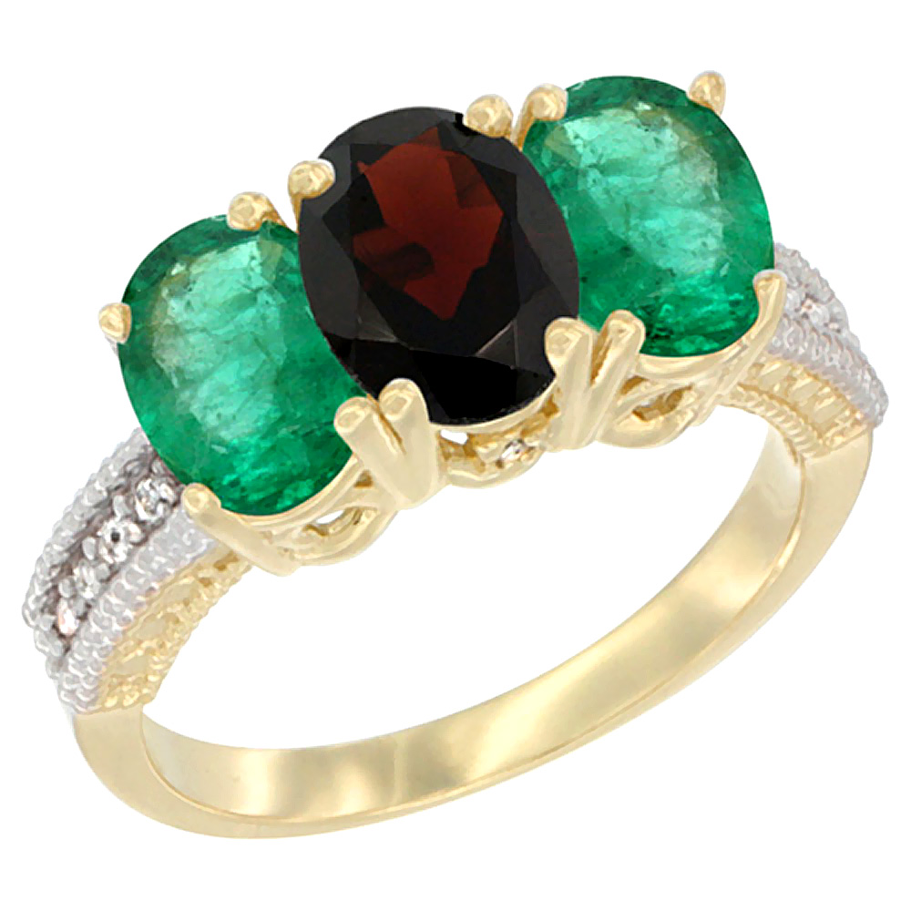 14K Yellow Gold Natural Garnet & Emerald Sides Ring 3-Stone 7x5 mm Oval Diamond Accent, sizes 5 - 10