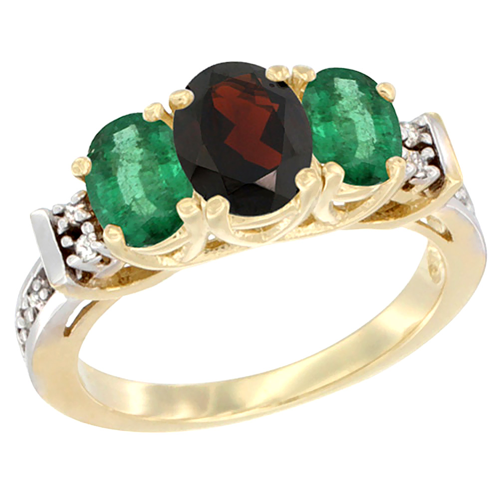 14K Yellow Gold Natural Garnet &amp; Emerald Ring 3-Stone Oval Diamond Accent