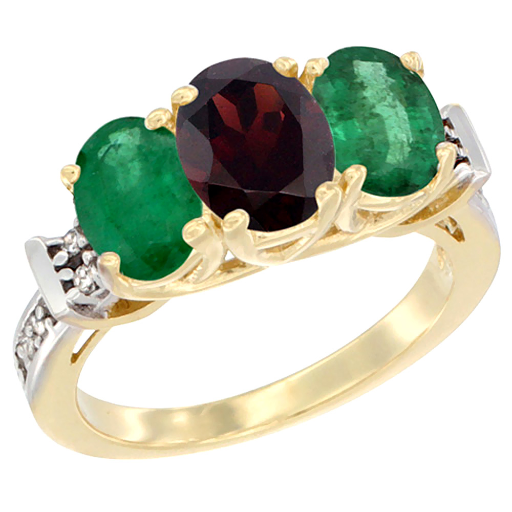 14K Yellow Gold Natural Garnet & Emerald Sides Ring 3-Stone Oval Diamond Accent, sizes 5 - 10