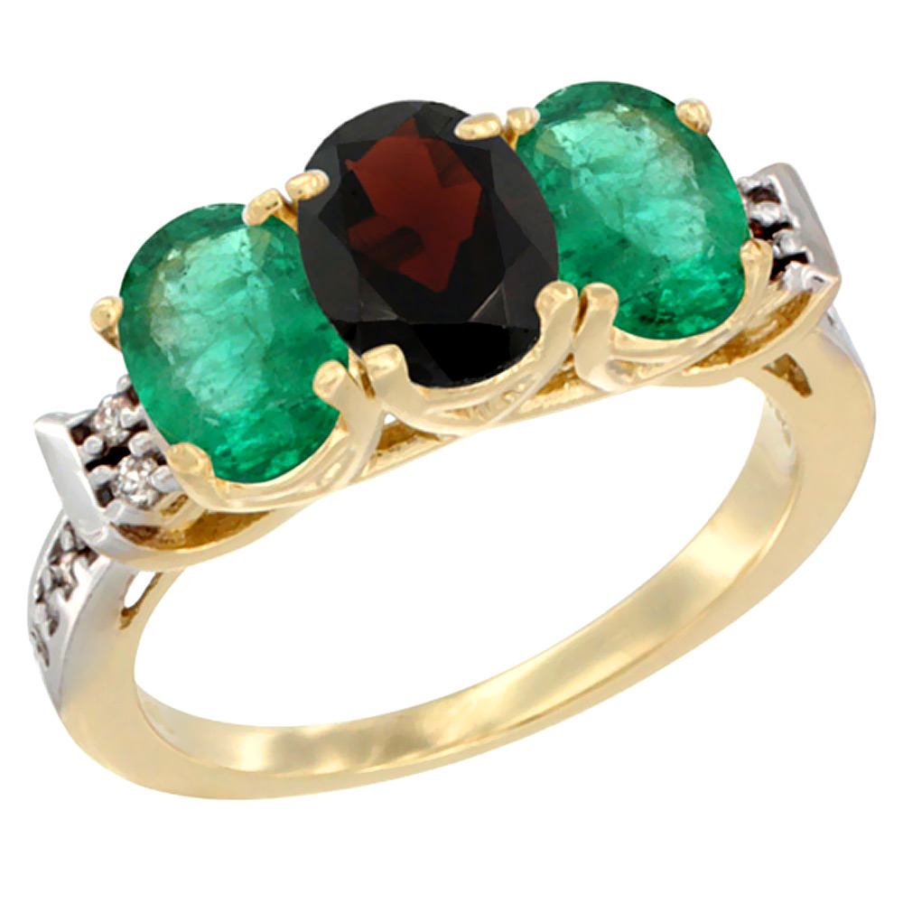 10K Yellow Gold Natural Garnet & Emerald Sides Ring 3-Stone Oval 7x5 mm Diamond Accent, sizes 5 - 10