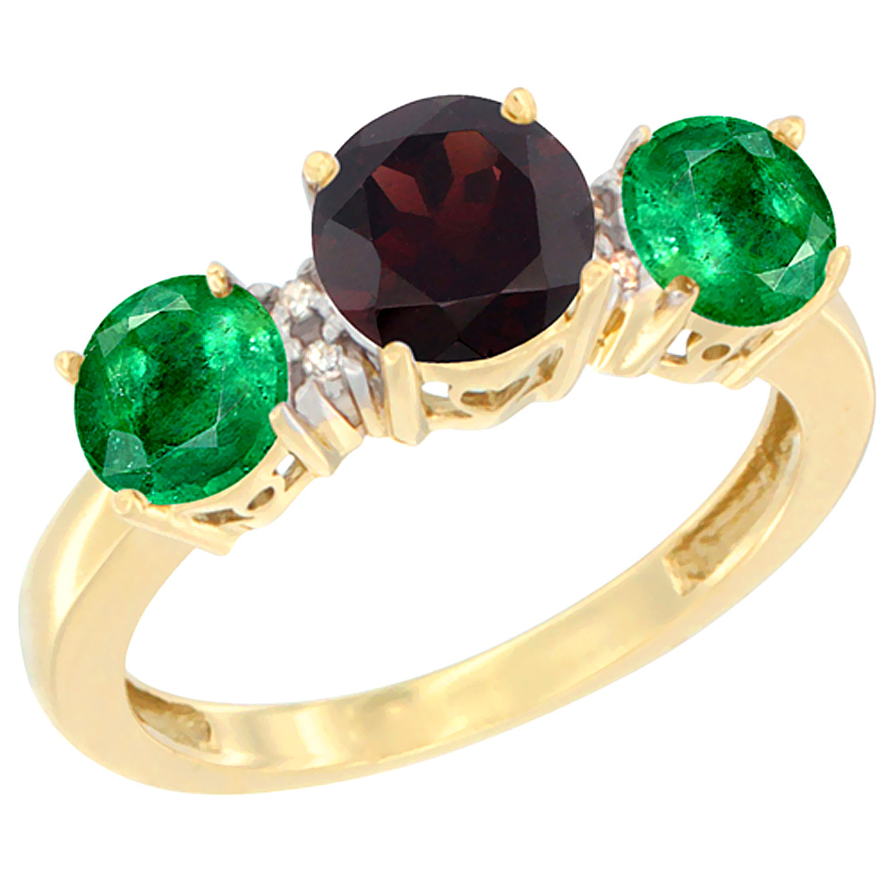 14K Yellow Gold Round 3-Stone Natural Garnet Ring & Emerald Sides Diamond Accent, sizes 5 - 10