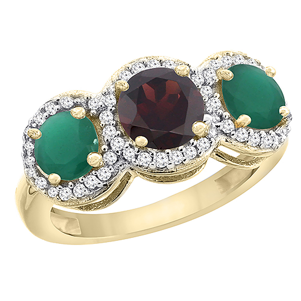 14K Yellow Gold Natural Garnet &amp; Emerald Sides Round 3-stone Ring Diamond Accents, sizes 5 - 10