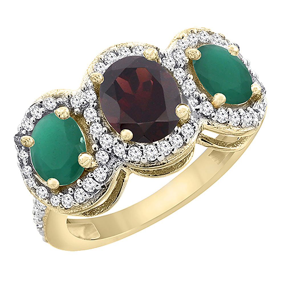 10K Yellow Gold Natural Garnet &amp; Emerald 3-Stone Ring Oval Diamond Accent, sizes 5 - 10